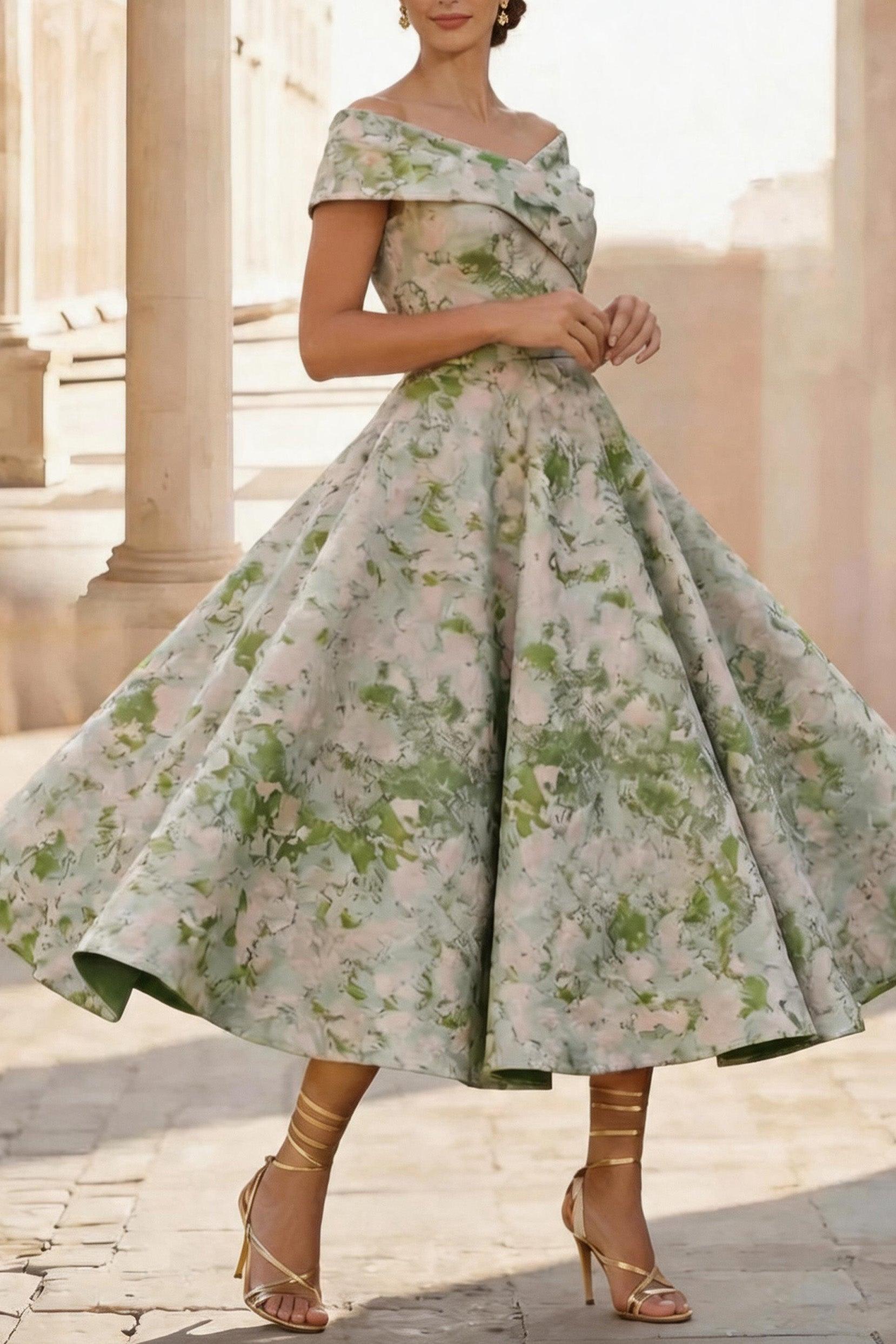 A-Line Tea Length Jacquard Mother of the Bride Dress CM0464 - Green Floral - COCOMELODY